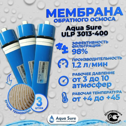3 штуки. Мембрана обратного осмоса 3013-400 gpd Aqua Sure к аппаратам Живая вода, ТК и др.