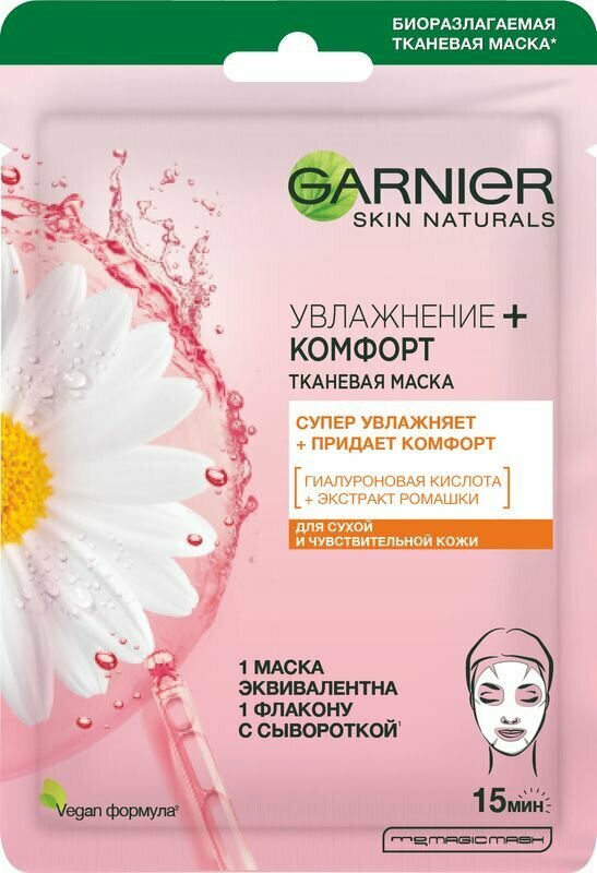 Garnier Тканевая маска для лица "Увлажнение + Комфорт" с гиалуроновой, П-Анисовой кислотами, экстрактом ромашки для сухой кожи, 28 г