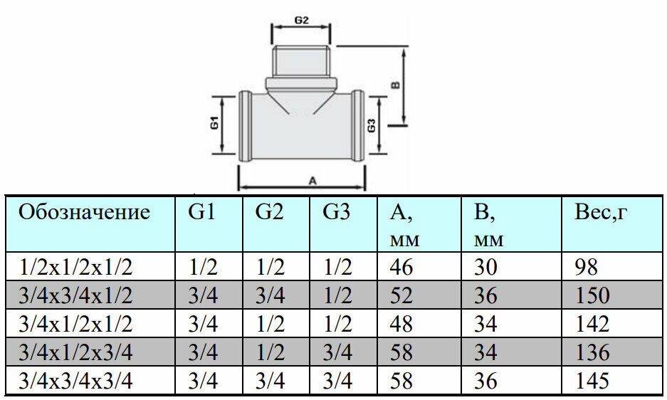 Тройник Valtec ВНВ 3/4" х 1/2" х 3/4" с переходом на наружную резьбу VTr.132.RN.050405 - фото №4