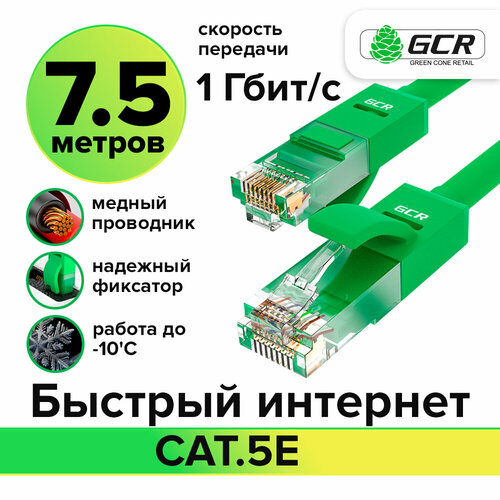 фото Патч-корд utp cat.5e 1 гбит/с rj45 lan cca кабель для интернета контакты 24k gold (gcr-lnc500) зеленый 7.5м