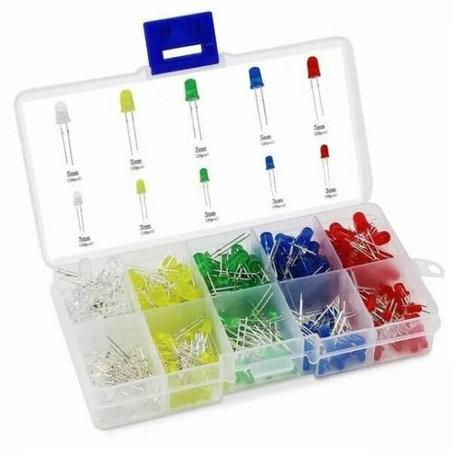 300 шт! 5мм и 3мм Набор светодиодов разных цветов: красный, зеленый, желтый, синий, белый, 2-3V 20mA (. У)-300шт.