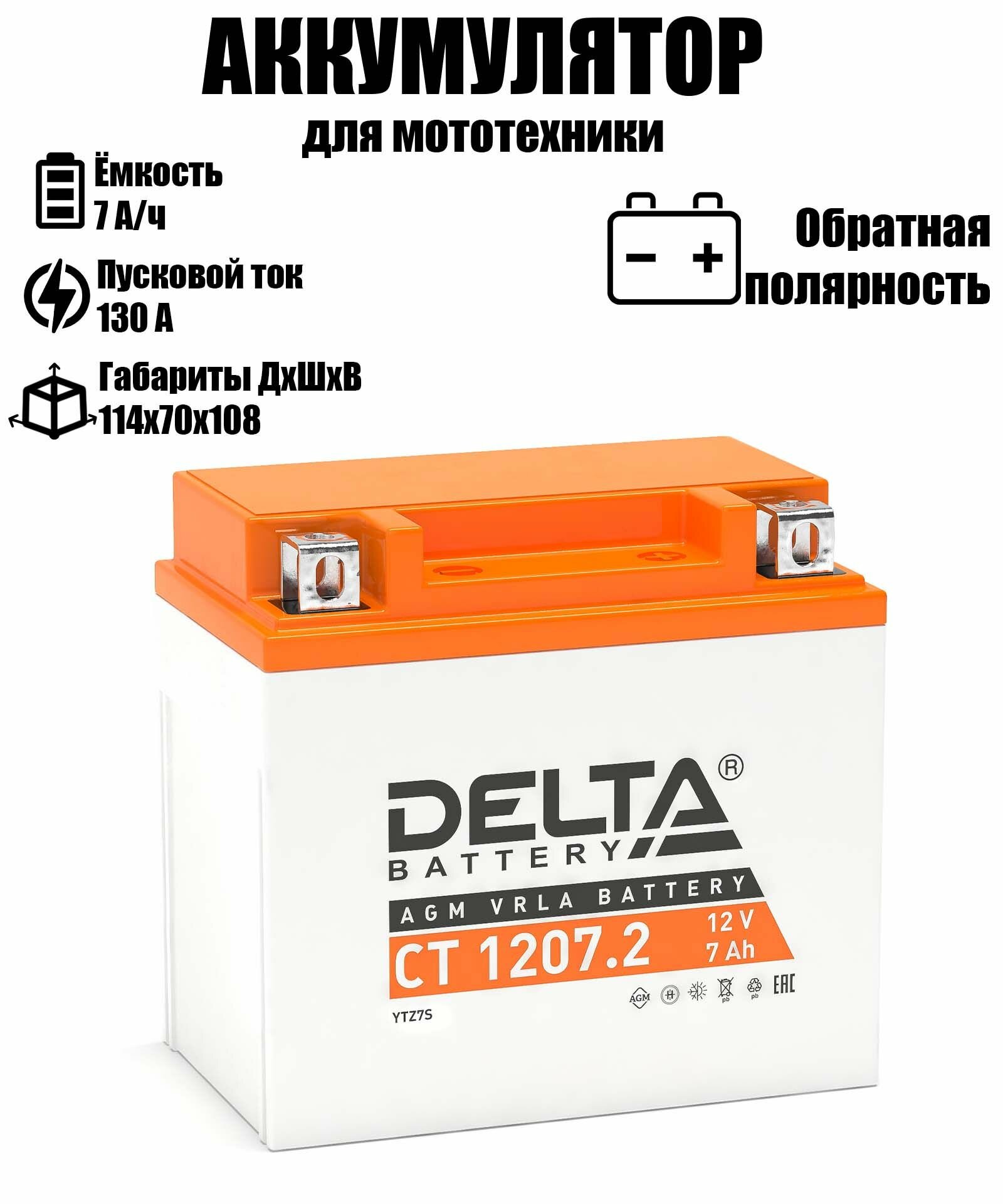 Мото аккумулятор Delta CT 1207.2 12В 7Ач обратная полярность 130А (12V 7Ah) (YTZ7S) AGM, аккумулятор для мотоцикла, квадроцикла, скутера, гидроцикла, мопеда, снегохода, дизельного генератора