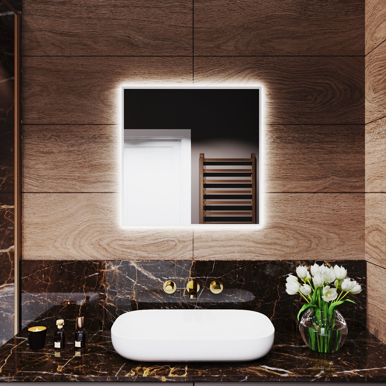 Зеркало с подсветкой в алюминиевой раме настенное Market-house 60х60 см. Свет: Нейтральный Белый 6000К. Белое