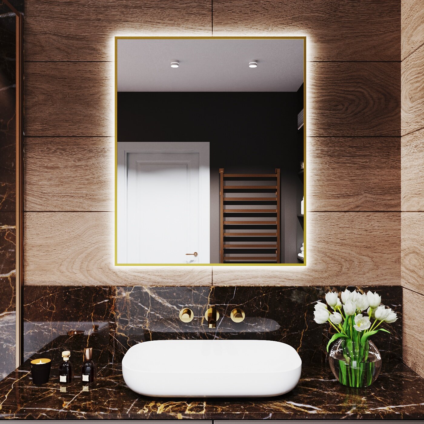 Зеркало с подсветкой в алюминиевой раме настенное Market-house 90х70 см. Свет: Нейтральный белый 6000К. Золото