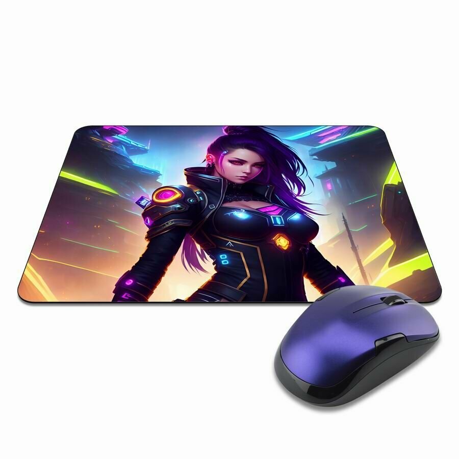 Коврик для мышки в стиле Киберпанк - девушка, прорезиненный, водоотталкивающий, с не стирающимся изображением, 22х18см, толщина 3мм