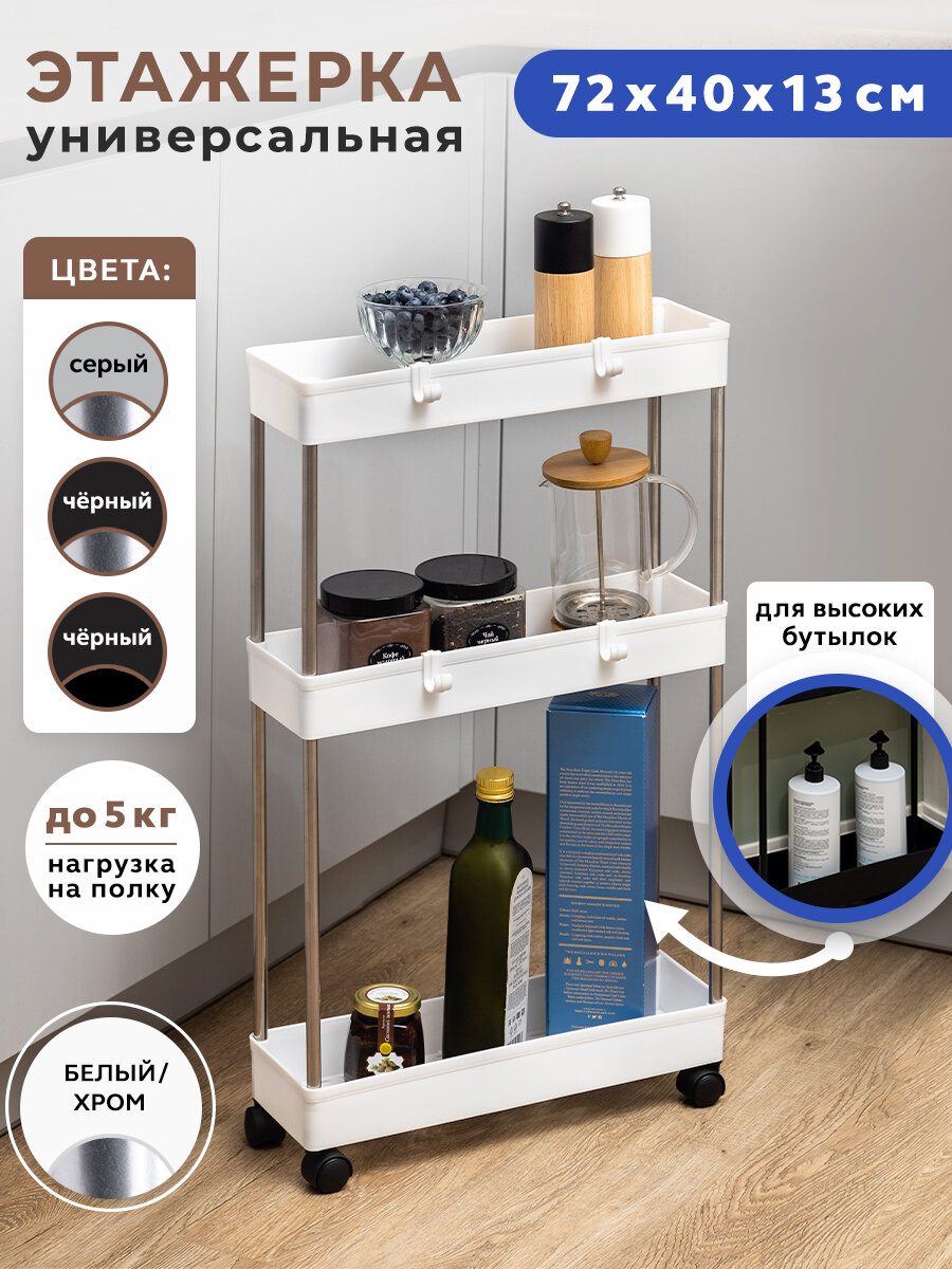 фото Этажерка органайзер узкая пластиковая на колесиках в ванную