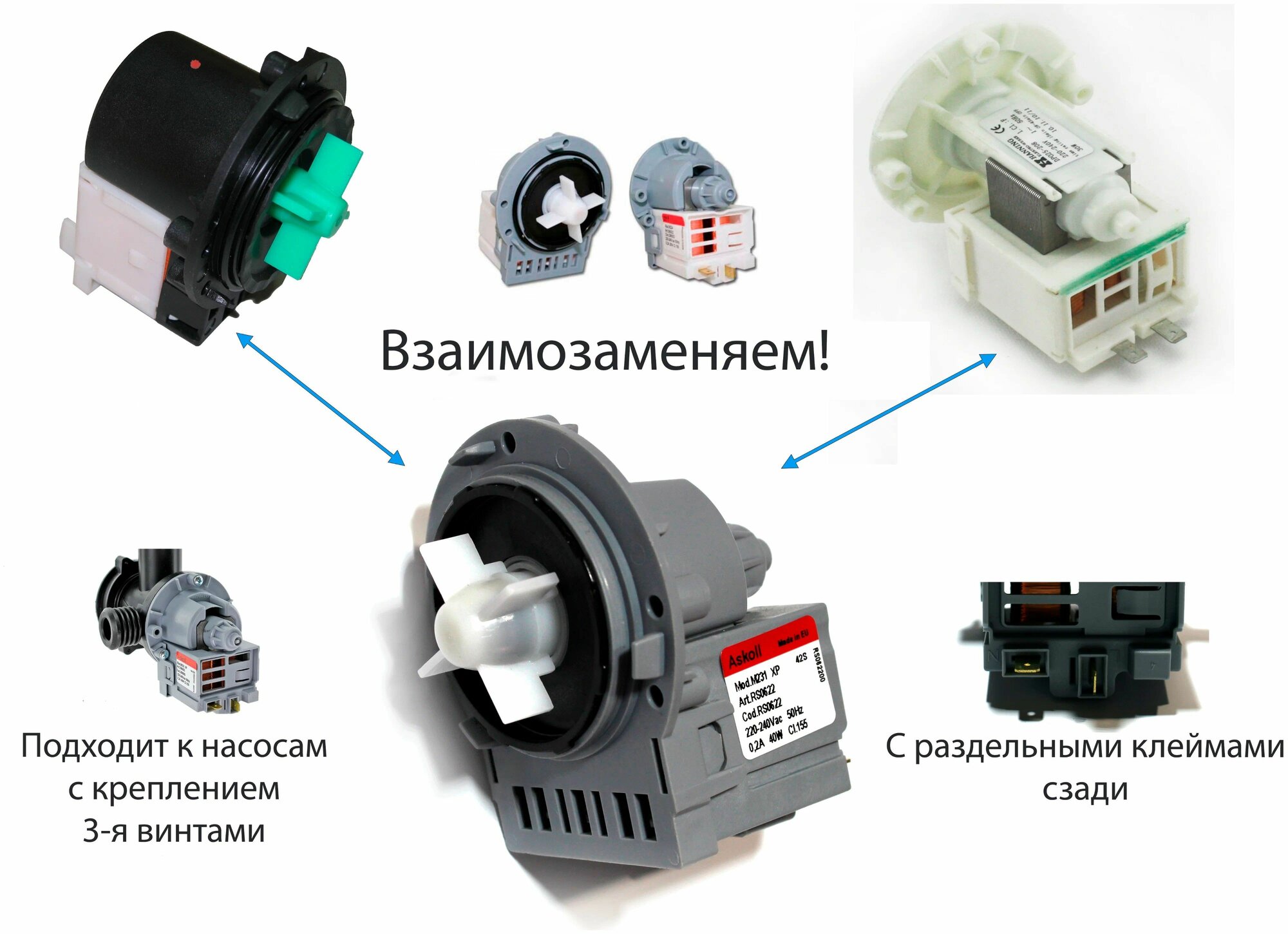 Помпа( насос ) для стиральной машины, универсальный, Askoll 40W, крепление на 3 винтах 220V Mod. M231 , M234, M325 ( медь) — фото 1