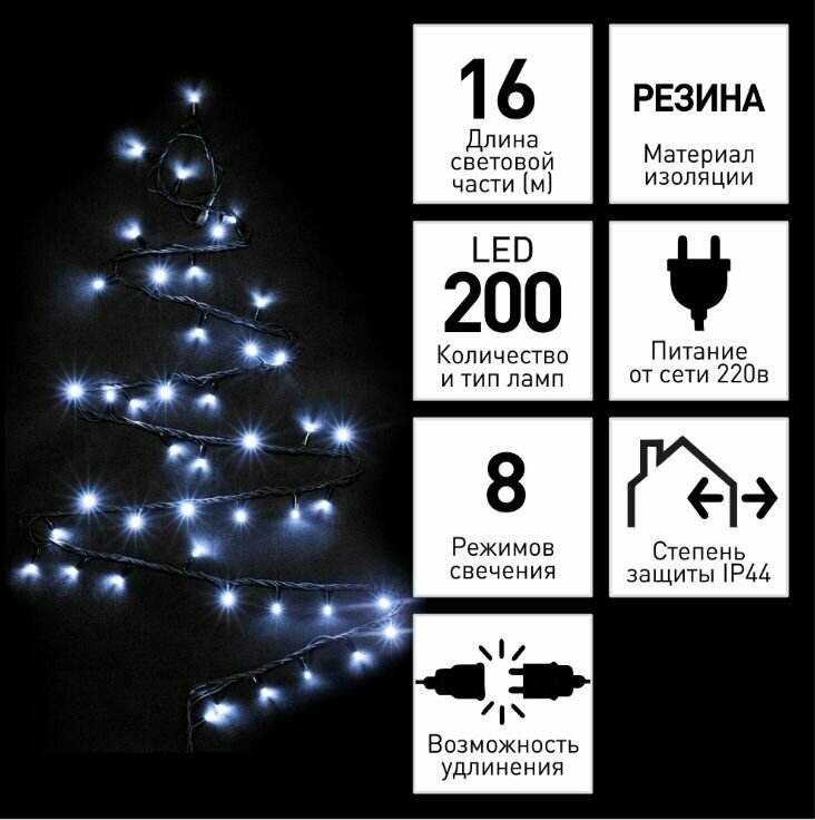 Гирлянда Нить DINAMIC 200LED 16 м холодный белый IP44 резина 8 функций