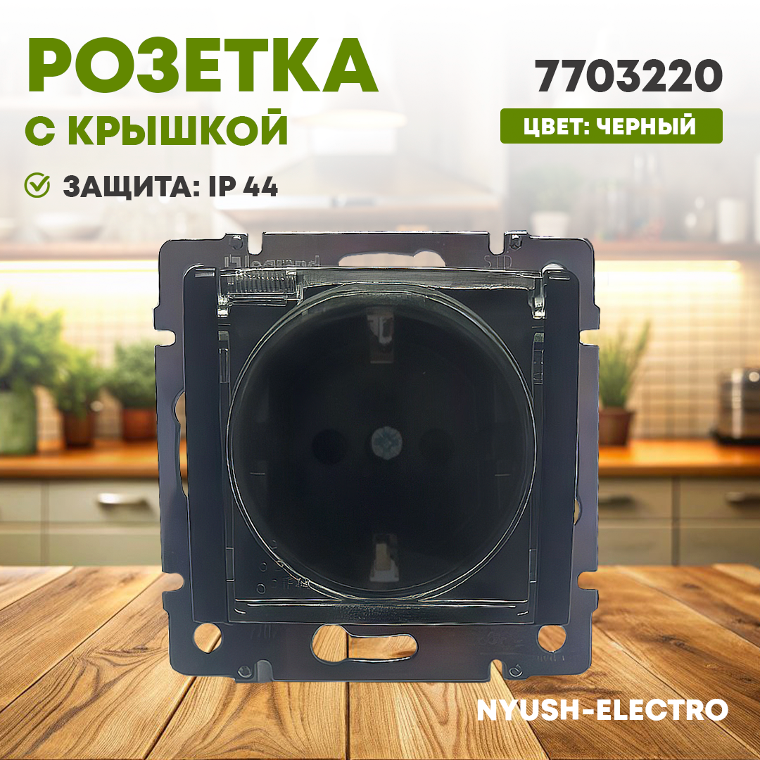 Розетка с влагозащитной крышкой и шторками, цвет чёрный, 7703220
