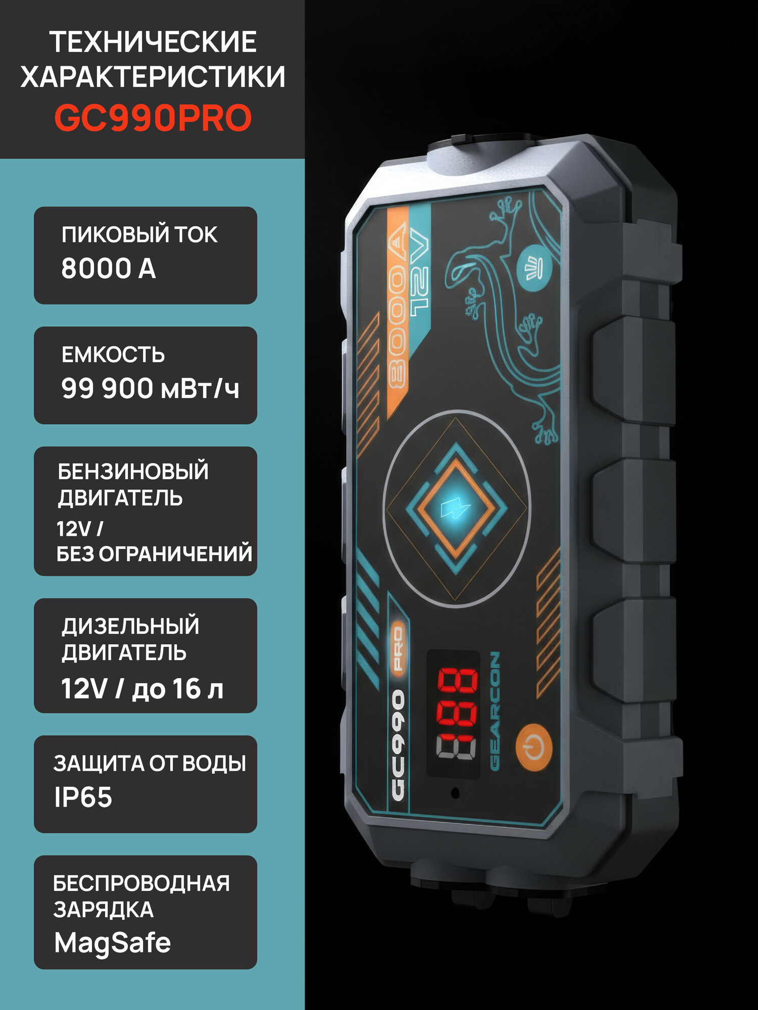 Картинки Пусковое зарядное устройство GEARCON 8000А, с беспроводной зарядкой