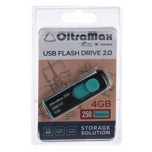 Флешка OltraMax 250, 4 Гб, USB2.0, чт до 15 Мб/с, зап до 8 Мб/с, бирюзовая usb флешка oltramax om 64gb 250 бирюзовая