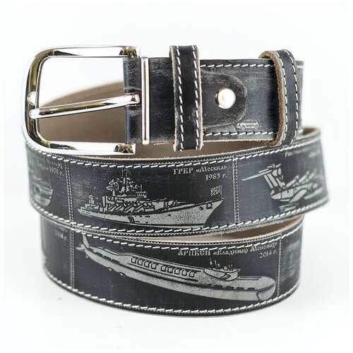 фото Ремень мужской из натуральной кожи шириной 4см, с тиснением на тему вмф (корабли), черный 110-114см россия