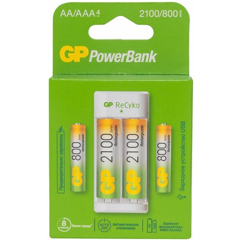 GP Зарядное устройство GP с аккумуляторами, AA 2000 mAh 2 шт. + AAA 800 mAh 2 шт, E211210/80-2CRB4, E21121080-2CRB4