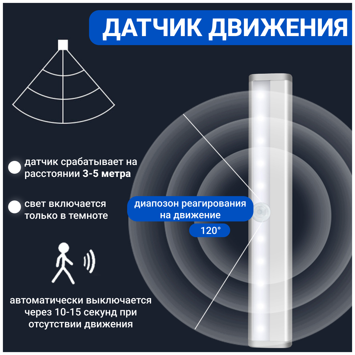 Мебельный светильник, умный беспроводной с датчиком движения и света, автоматический, для шкафа, кухни, гардероба, 190мм, холодный белый, Zurkibet