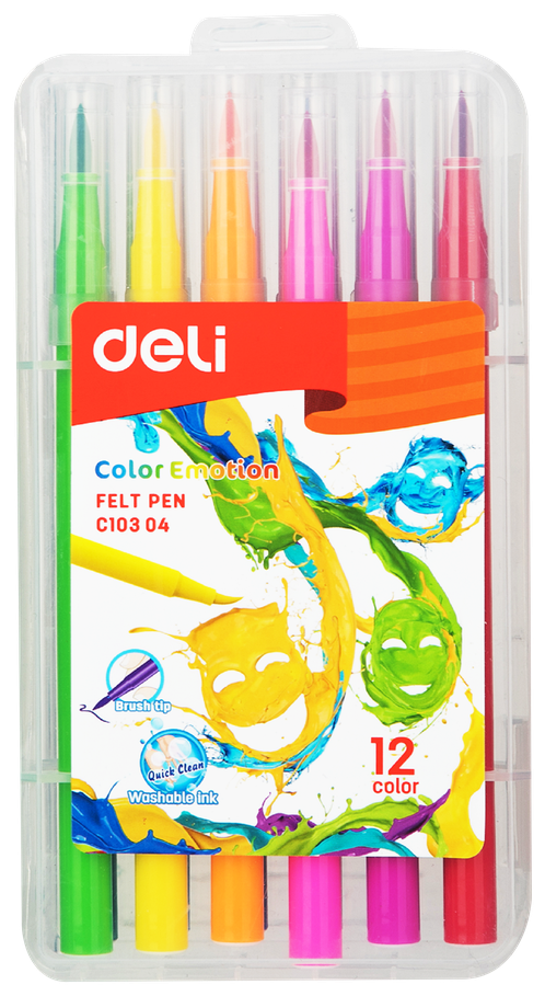Фломастеры Deli Color Emotion кисть смываемые 12цв. пластиковый пенал - фото №1