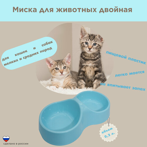 Миска для кошек и собак, миска для кошек двойная, миска для животных, объем 0,2 л, цвет голубой.