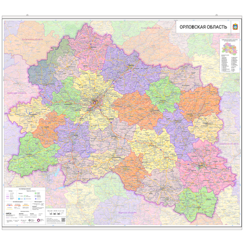 Карта Орловской области 100 х 115 см, настенная, с подвесом настенная карта пензенской области 115 х 172 см с подвесом