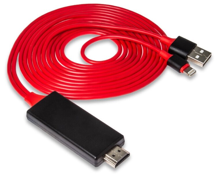 Цифровой HDMI кабель удлинитель для Lightning с питанием через USB 2 метра AMFOX, красный, шнур для передачи изображения и видео с телефона на монитор