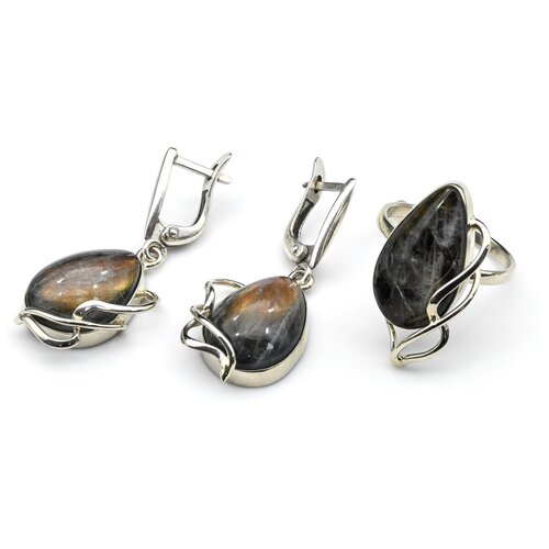 Комплект бижутерии Радуга Камня: кольцо, серьги, лабрадорит, размер кольца 18, мультиколор