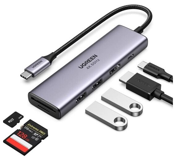 Хаб (разветвитель) Ugreen 6 в 1, 2 х USB 3.0, HDMI, TF/SD, PD