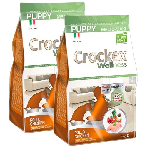 CROCKEX WELLNESS PUPPY MEDIUM  & MAXI CHICKEN  & RICE для щенков средних и крупных пород с курицей и рисом (3 + 3 кг)