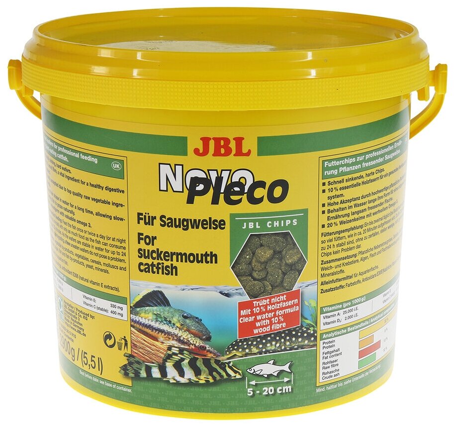 JBL NovoPleco - Основной корм в форме тонущих чипсов для кольчужных сомов, 5,5 л (2900 г)