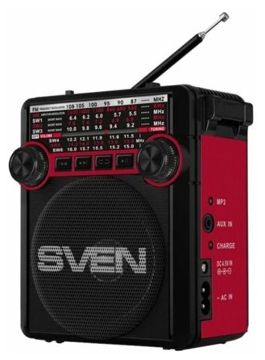 Радиоприемник Sven SRP-355 SV-017132 красная, 3Вт, USB, SD/microSD, FM/AM/SW, фонарь, встроенный аккумулятор