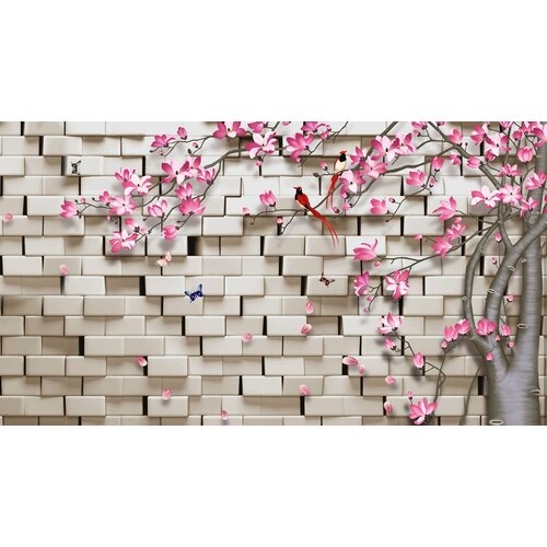 Моющиеся виниловые фотообои GrandPiK Стена из белого кирпича и сакура, 450х250 см