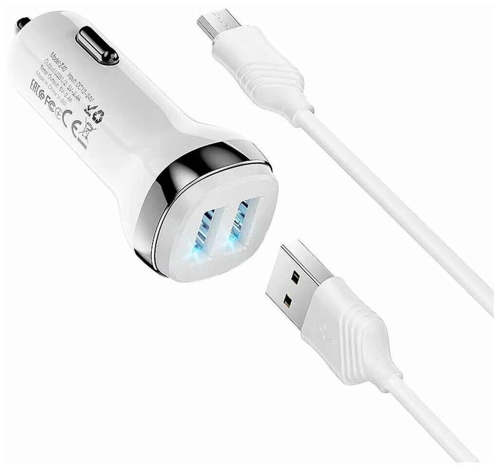 АЗУ, 2 USB 2.4A (Z40), usb cable micro, HOCO, белый