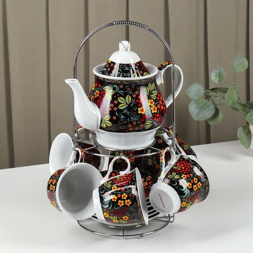 Доляна Сервиз чайный керамический на металлической подставке Доляна «Хохлома», 13 предметов: 6 чашек 210 мл, 6 блюдец d=14 см, чайник 1 л