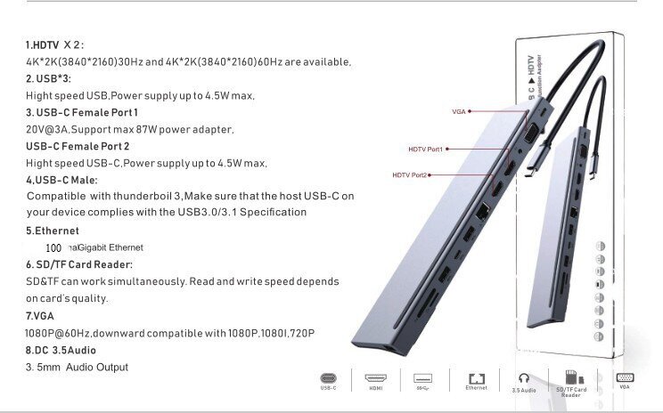 Концентратор USB-HUB c HDMI Type-C 12 в 1 для MacBook