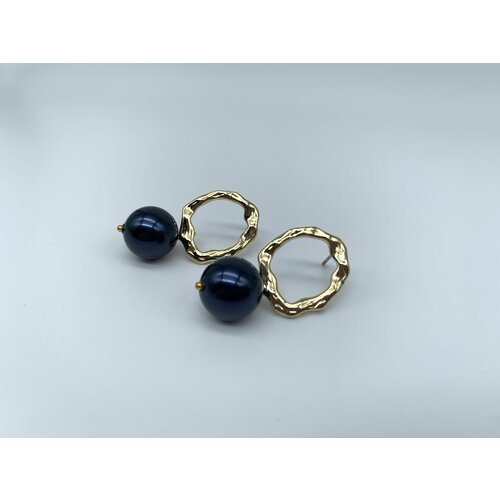 Серьги пусеты , жемчуг Swarovski синтетический, размер/диаметр 30 мм, золотой, синий