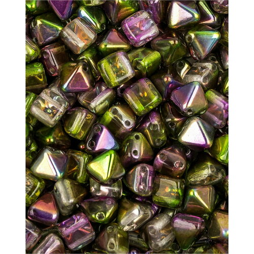 Стеклянные чешские бусины с двумя отверстиями, Pyramid beads 2-hole, 6 мм, цвет Crystal Magic Orchid, 10 шт.