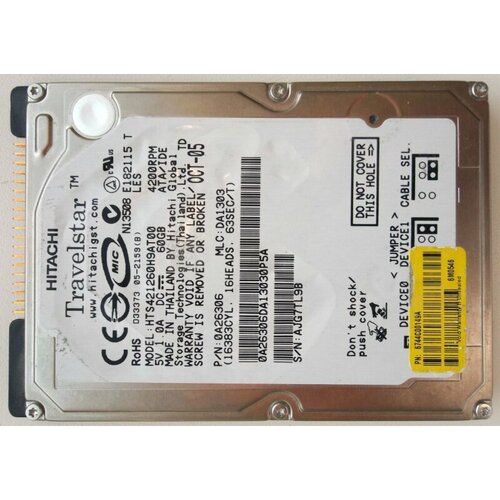 Жесткий диск Hitachi HTS421260H9AT00 60Gb 4200 IDE 25 HDD 963500₽