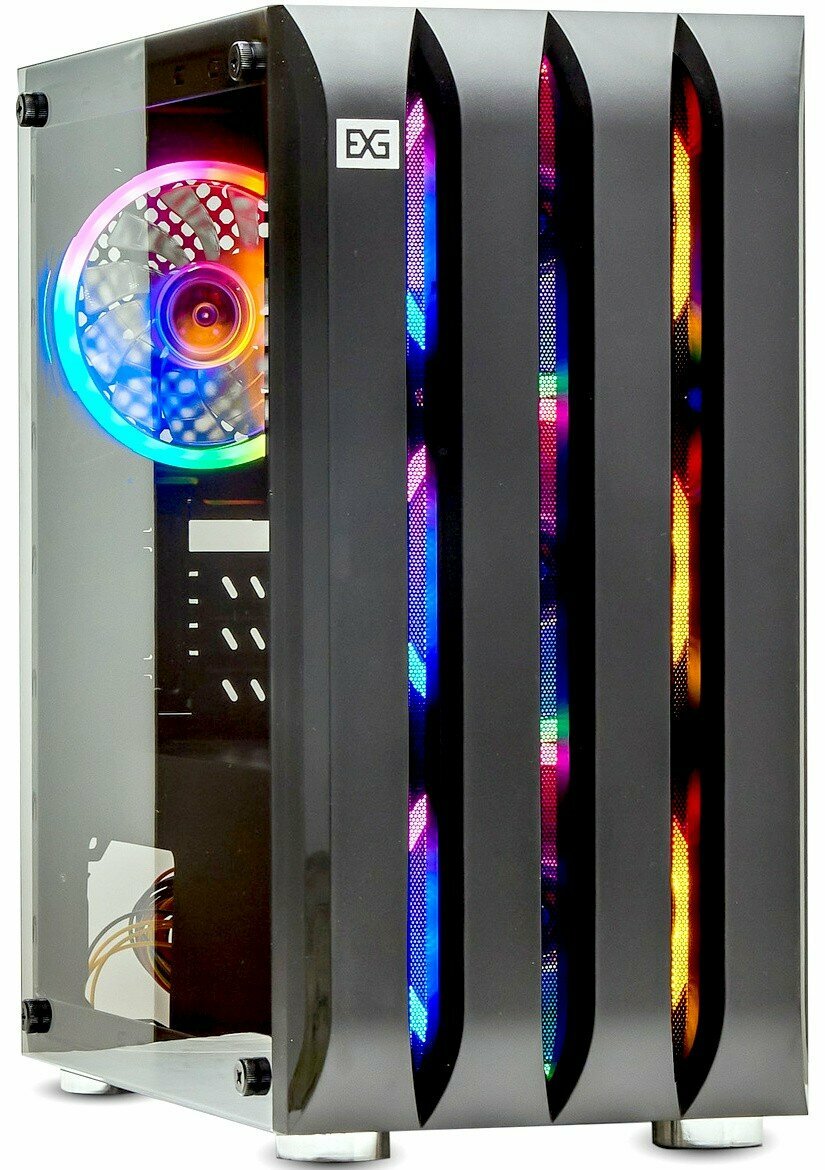 Корпус Minitower ExeGate Mistery R3-NPX600 (mATX, БП 600NPX с вент. 12 см, 2*USB+1*USB3.0, аудио, черный, 4 вент. 12см с RGB подсветкой, боковая панель - закаленное стекло) EX294479RUS