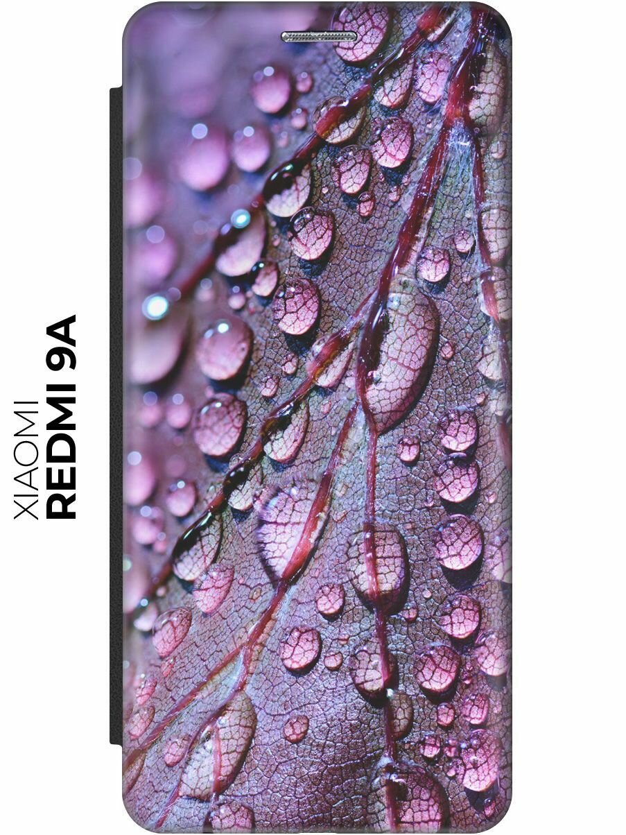 Чехол-книжка Лист в каплях на Xiaomi Redmi 9A / Сяоми Редми 9А черный