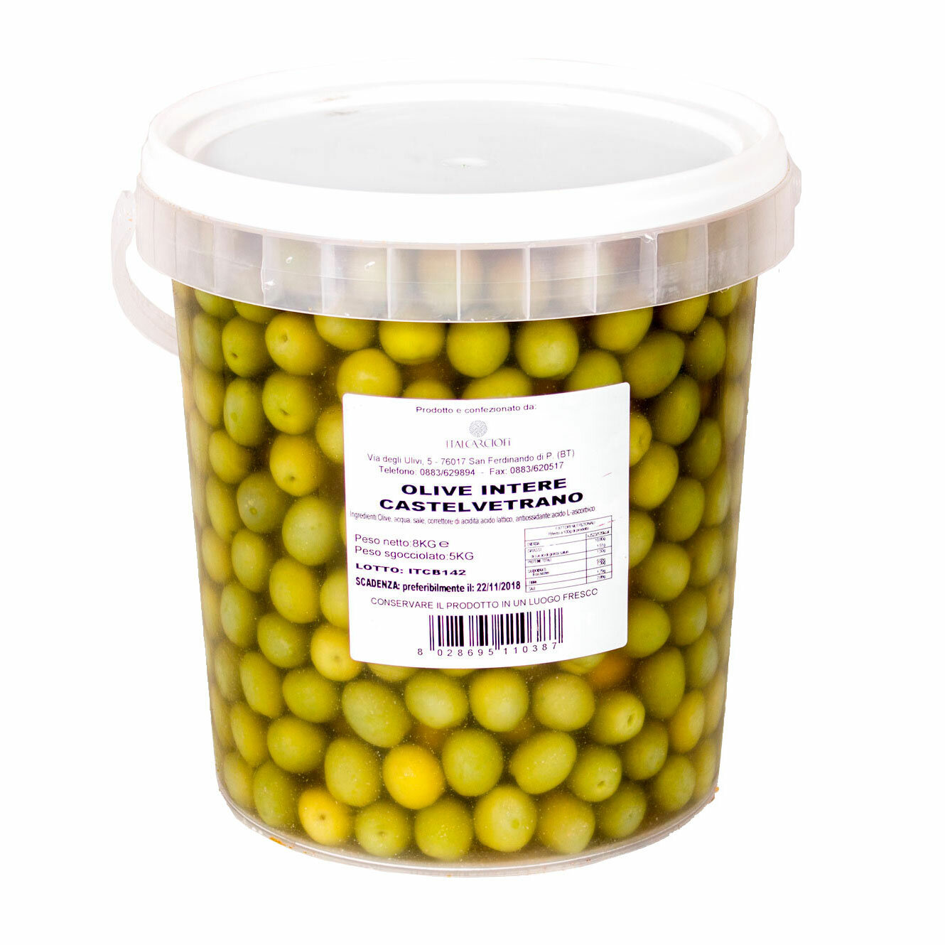 Оливки с косточкой Кастельветрано в рассоле, ITALCARCIOFI, 5 кг/8 кг (пл/б)