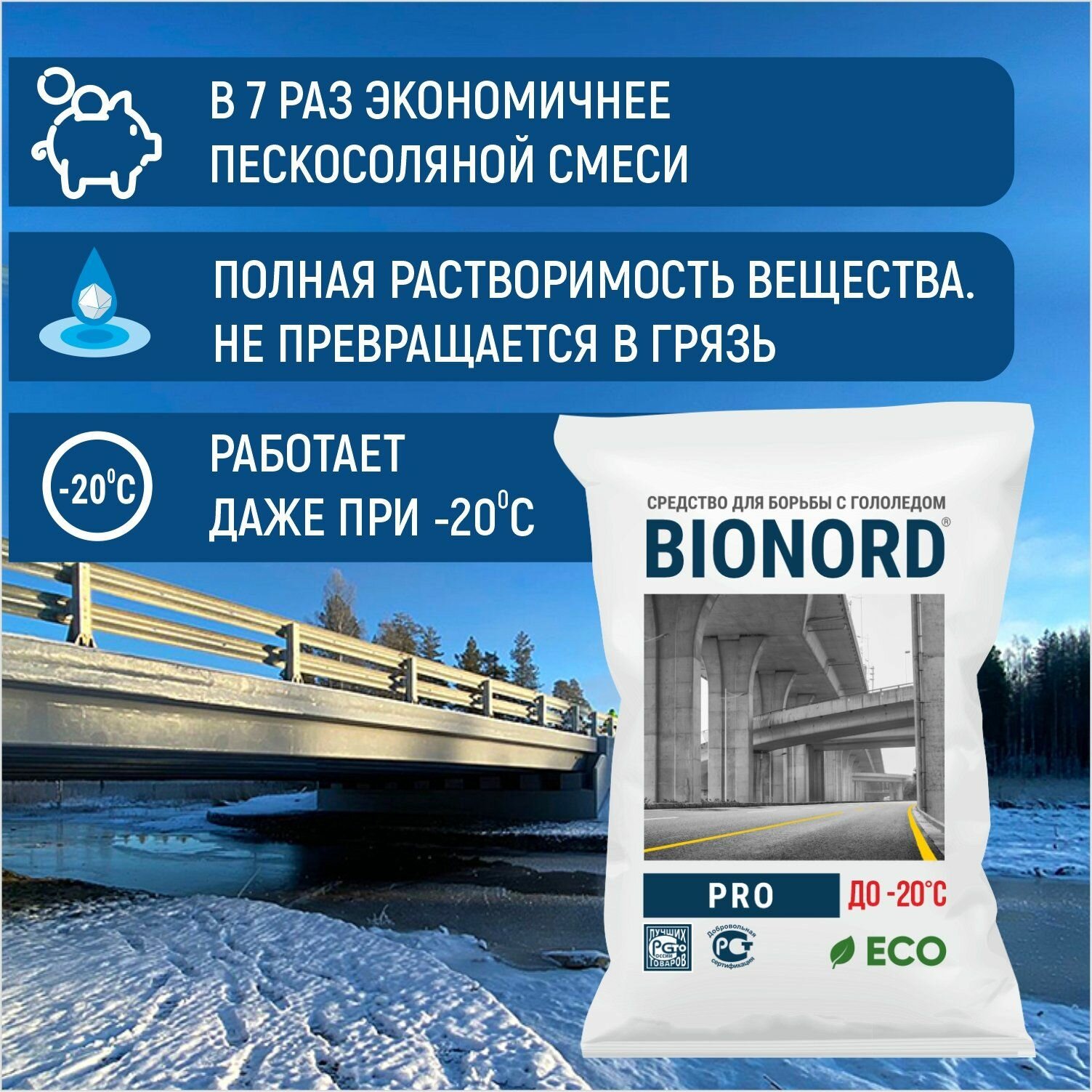 Бионорд PRO -20, противогололедный материал в грануле, 23 кг.