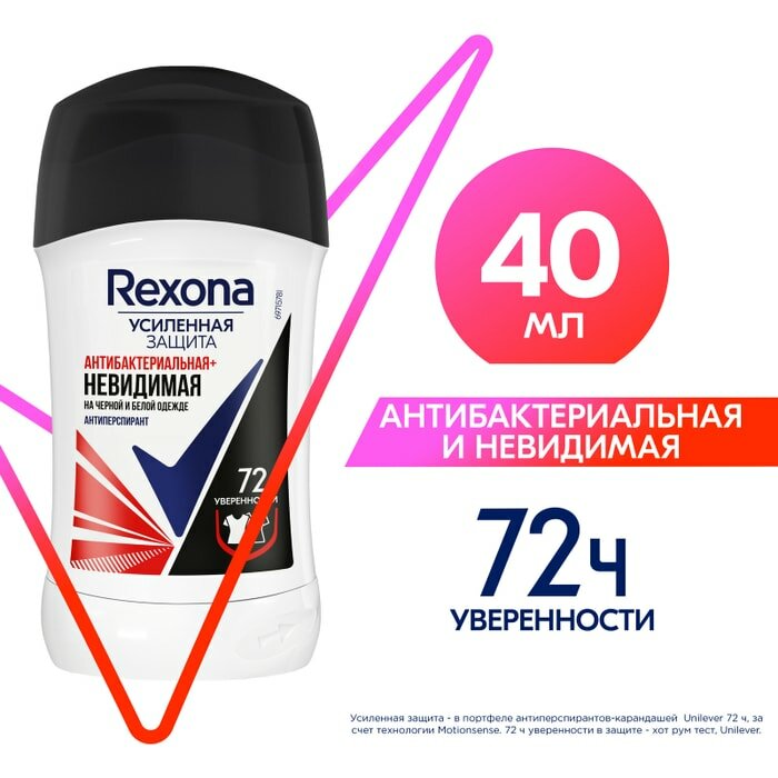 Антиперспирант-карандаш Rexona Антибактериальная и Невидимая на черной и белой одежде 40мл