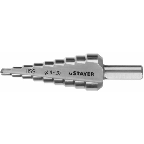 STAYER Сверло STAYER MASTER ступенчатое по сталям и цвет. мет, сталь HSS, d=4-20мм, 9ступ. d 4-20, L-75 мм, трехгран. хвост. 8мм, ( 29660-4-20-9 ) stayer сверло master ступенчатое по сталям и цвет мет сталь hss d 4 20мм 9ступ d 4 20 l 75 мм