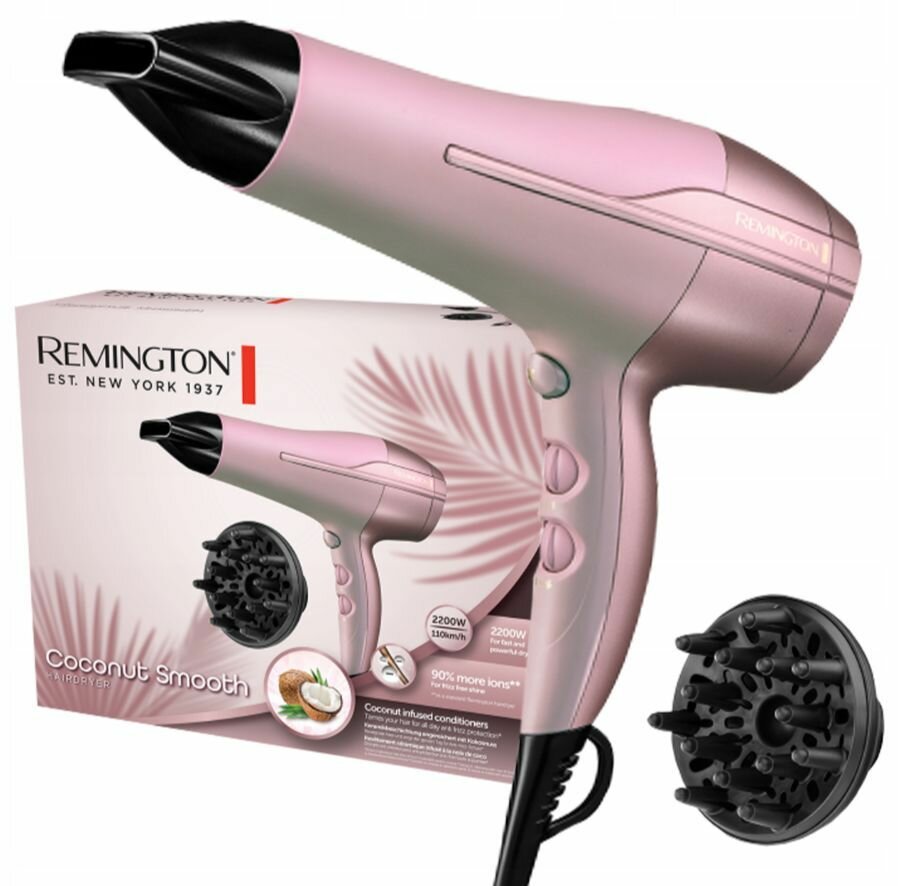 Фен для волос Remington COCONUT SMOOTH D5901, 2200 Вт, ионизация, , холодный воздух, розовый