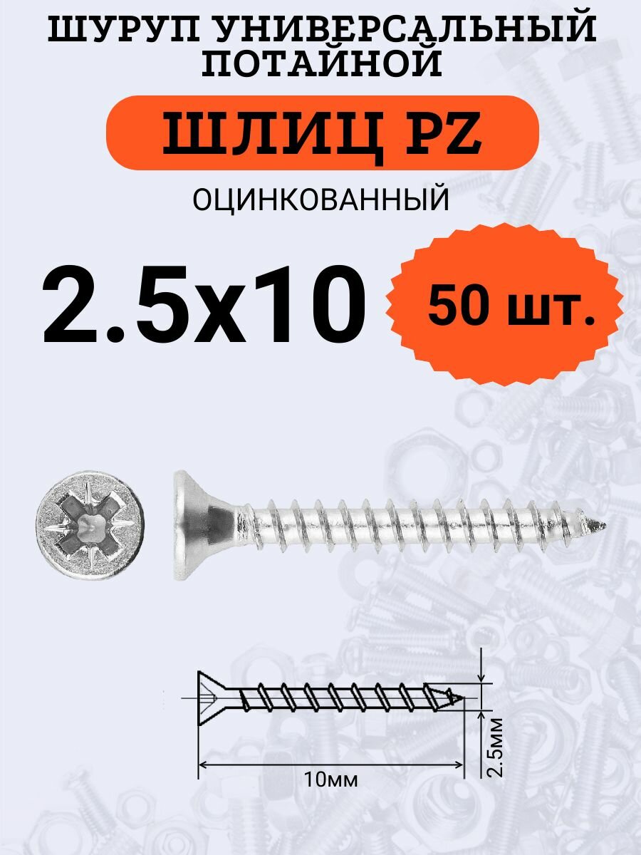 Шуруп универсальный с потайной головкой 2.5х10, шлиц PZ, 50 шт.