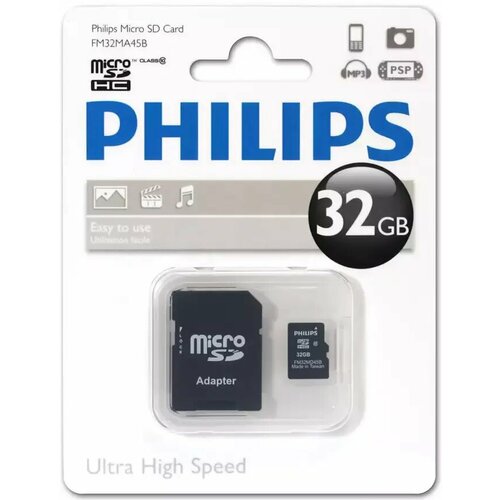 Карта памяти 32Gb MicroSD Philips + SD адаптер (FM32MA45B/97) новый vw discover media v15 навигация как карта gen2 europe 2022 2023 навигация sd карта 32 гб