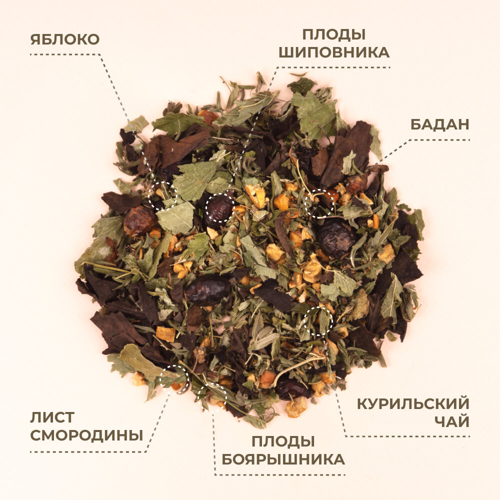 Травяной чай с яблоком, плодами шиповника, баданом, листом смородины, курильским чаем, плодами боярышника, 70 г