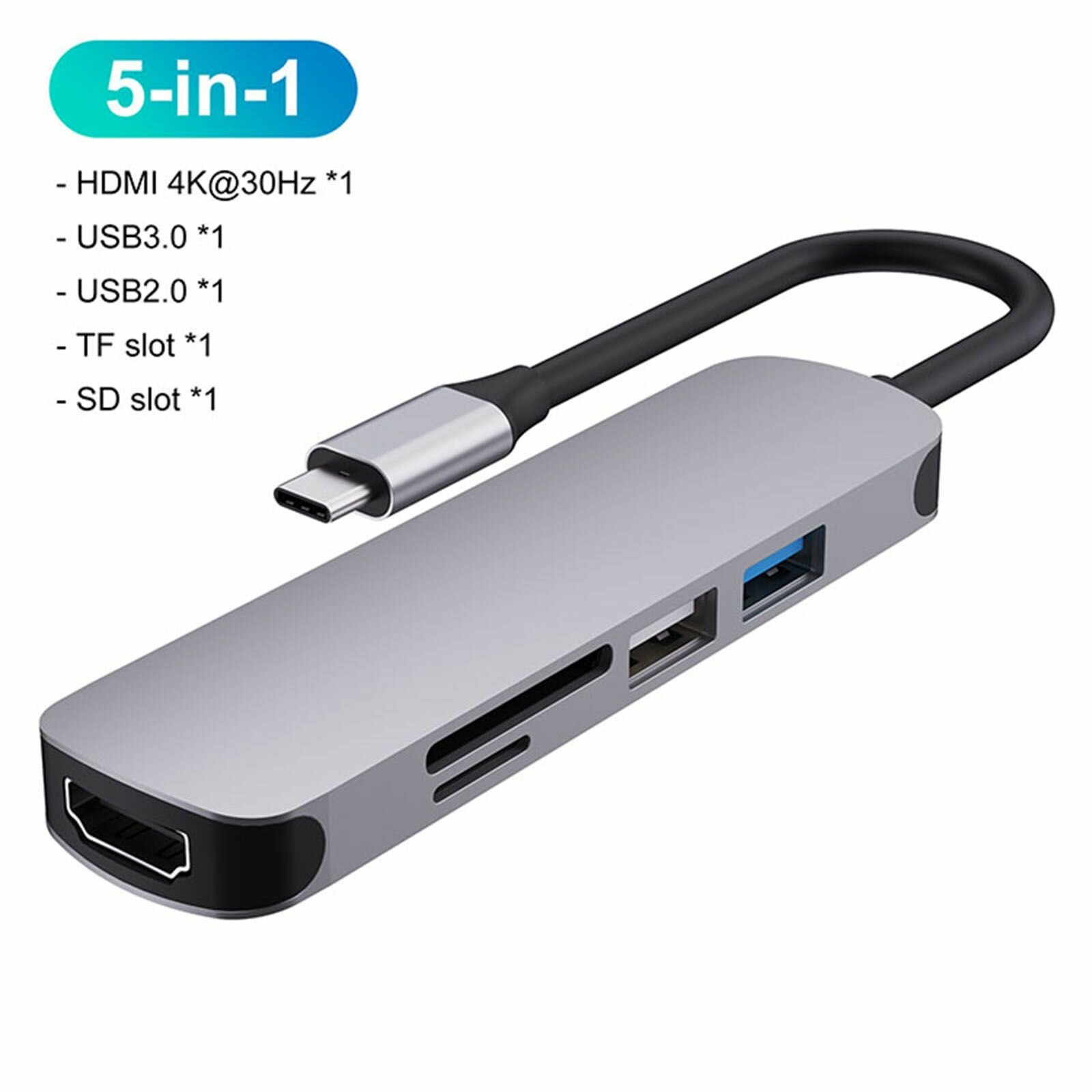 Адаптер Type-C MyPads для MacBook и USB3.0 серебристый, 5 в 1