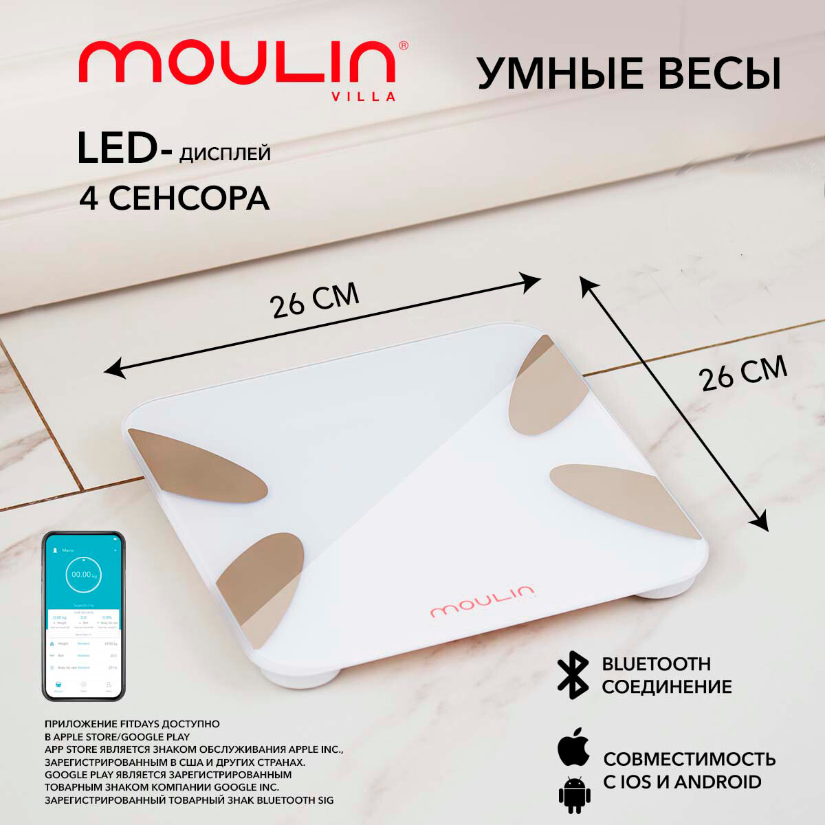 Умные весы Moulin Villa MV SC-003 W mini / весы напольные электронные / напольные весы / диагностические весы / весы напольные мини, белый