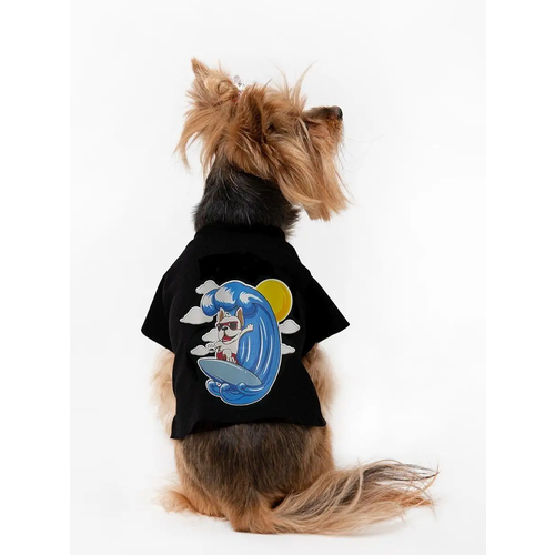 Футболка для маленьких собак трикотажная летняя термопринт Серфер р22 длина изделия 18-19 см чёрная унисекс 290₽