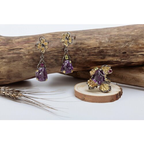 Серьги с подвесками СИЛА ПРИРОДЫ, серебро, 925 проба, аметист, хризолит, бриллиант, родолит, фиолетовый, золотой