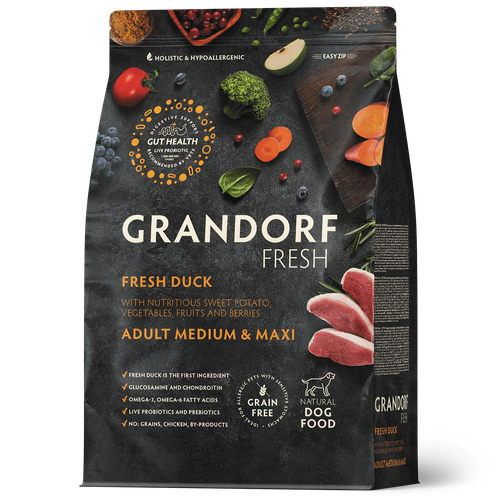 Grandorf FRESH беззерновой корм для взрослых собак средних и крупных пород с живыми пробиотиками, утка с бататом