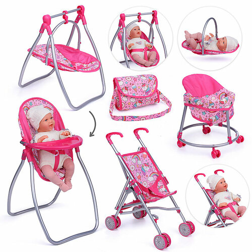 Набор аксессуаров для кукол 9002 (стульчик для кормления/качель, коляска, ходунки, сумка) единорожка